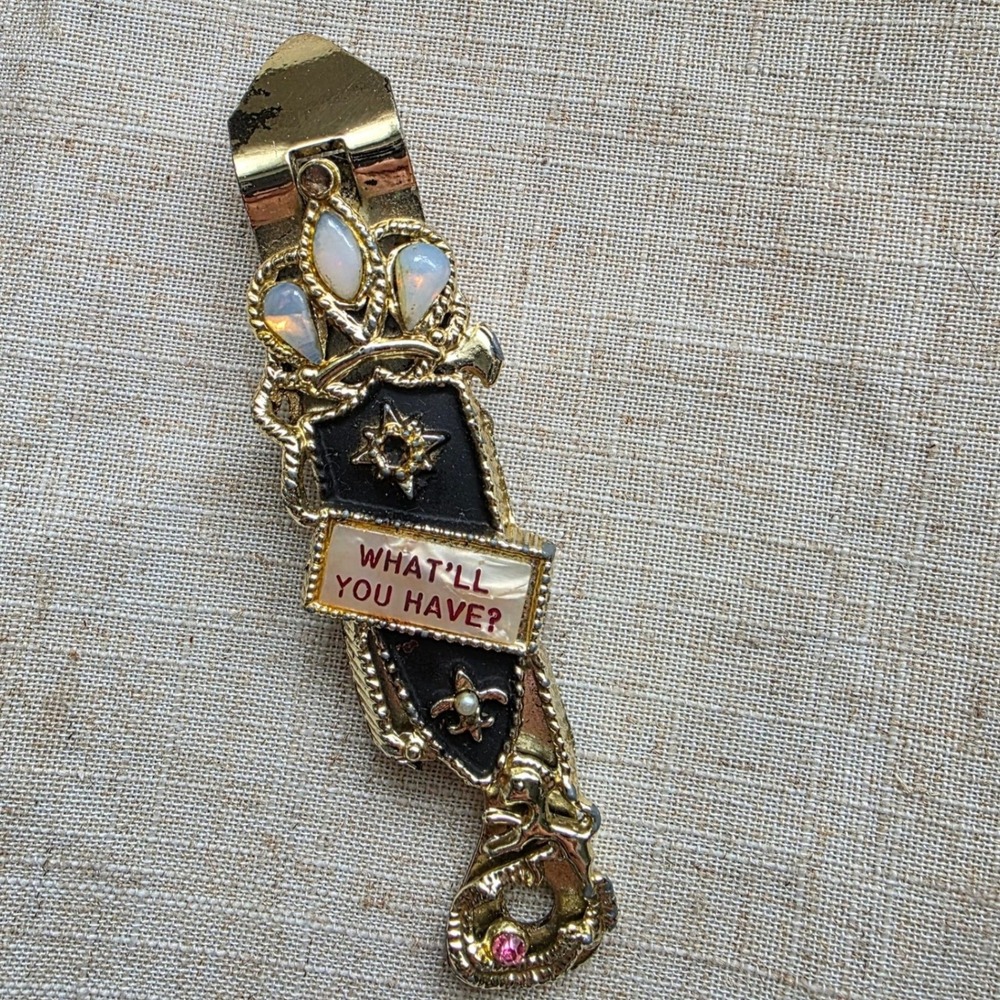 Bottle Opener Gold Tone "What'll You Have" Faux Opal Bar Tool Kitsch Ornate